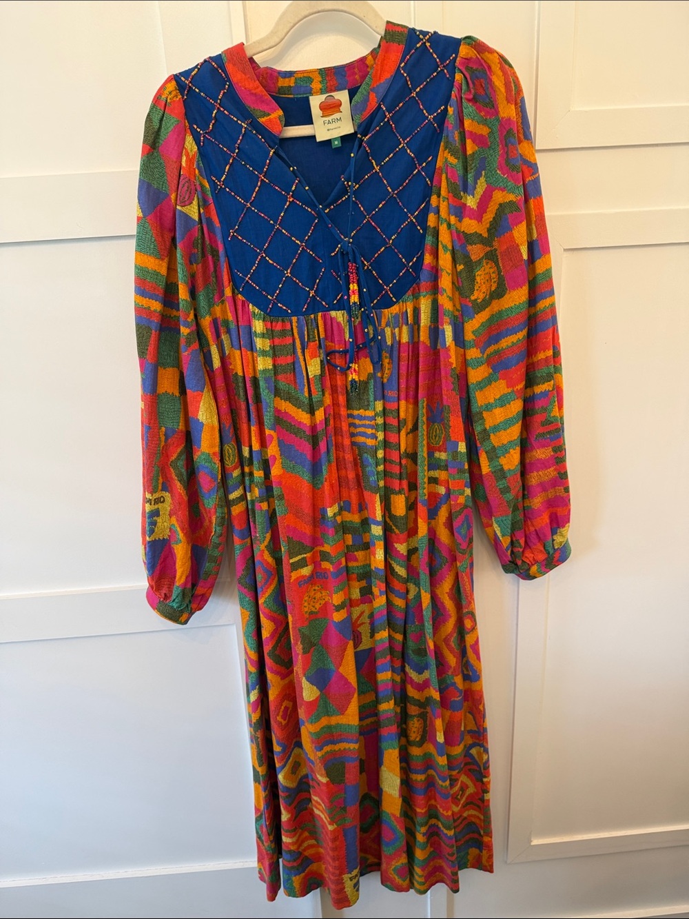 FARM Rio Multicolor Geometric Knit Dress with Embroidered Blue Bib
